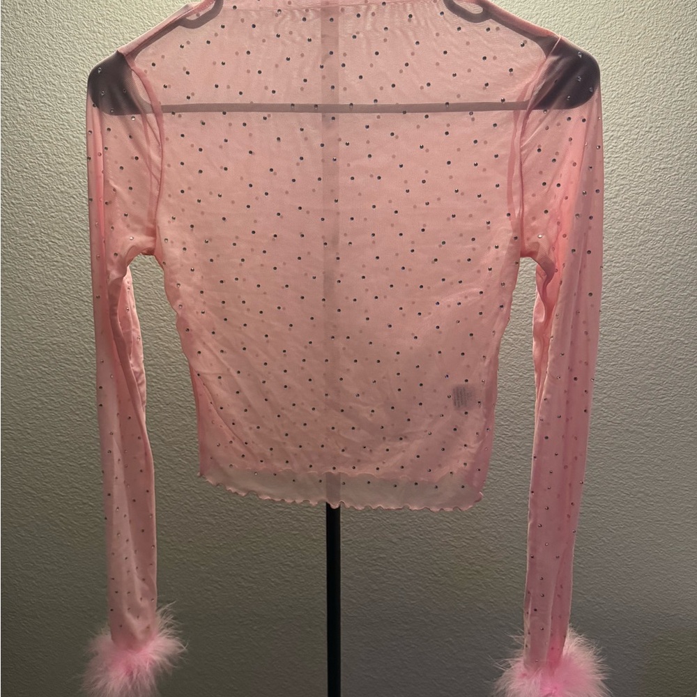 Bear Dance Pink Sheer Blouse with Feather Cuffs